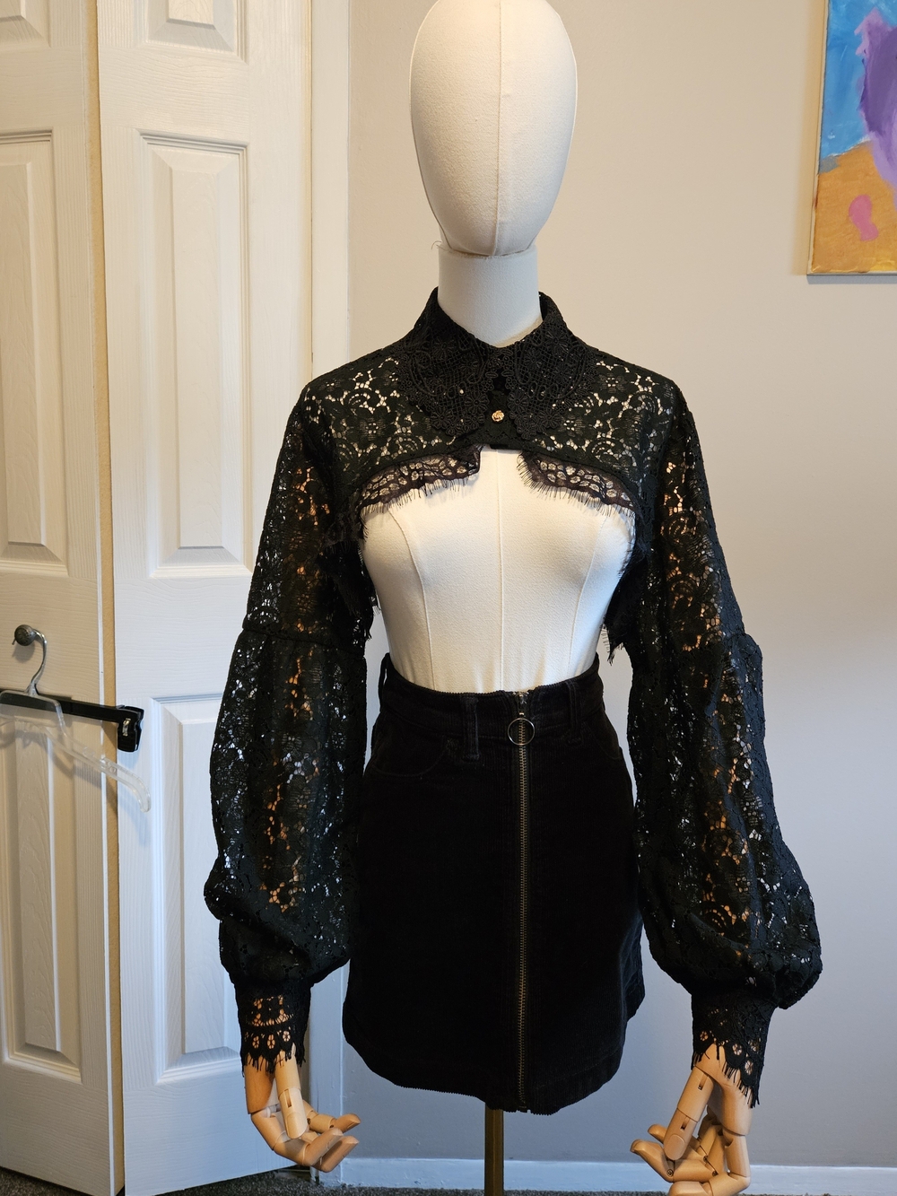 Black Lace Bolero with Puff Sleeves - Women's Elegant Crop Cover-Up